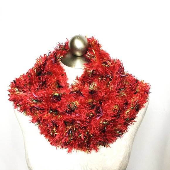 RED Eyelash Holiday Colorful Yarn Tubular Scarf 58” x 14" - Picture 3 of 6